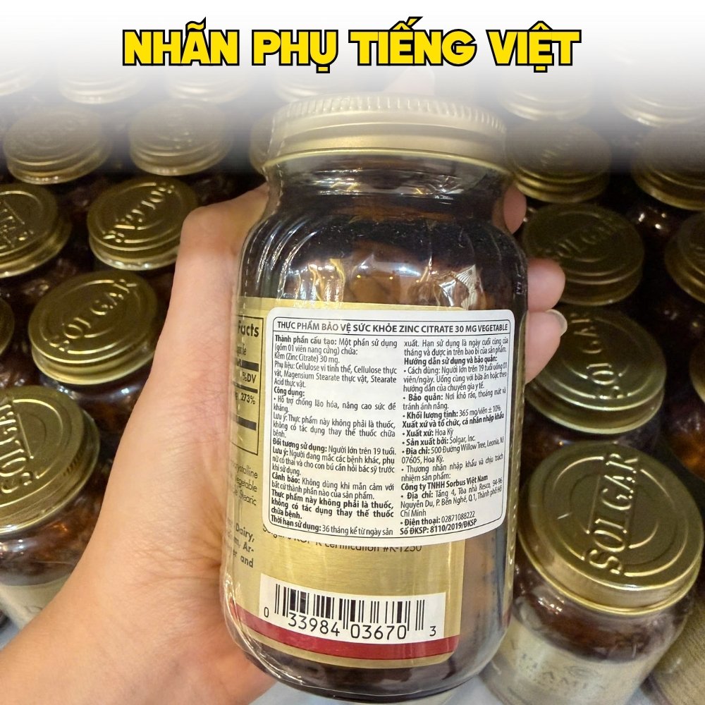 Solgar Viên Uống Bổ Sung Kẽm (Zinc Citrate) 30 MG 100 Viên - Chính Ngạch Mỹ