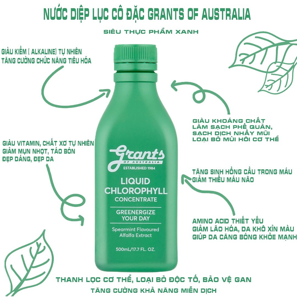 Grants of Australia Nước Diệp Lục Cô Đặc Hỗ Trợ Tiêu Hóa, Tăng Đề Kháng Chlorophyll Concentrate Liquid 500ml
