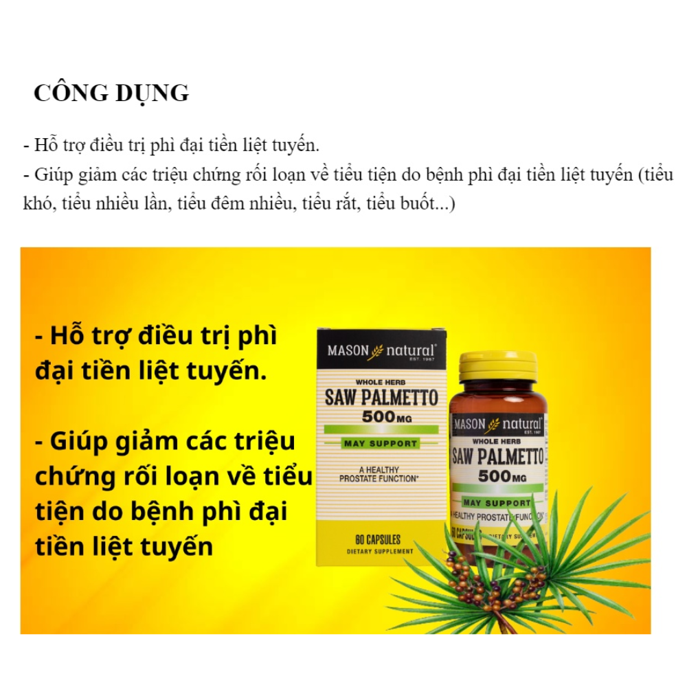 Mason Natural Viên Uống Hỗ Trợ Tuyến Tiền Liệt Saw Palmetto 500mg 60 Viên