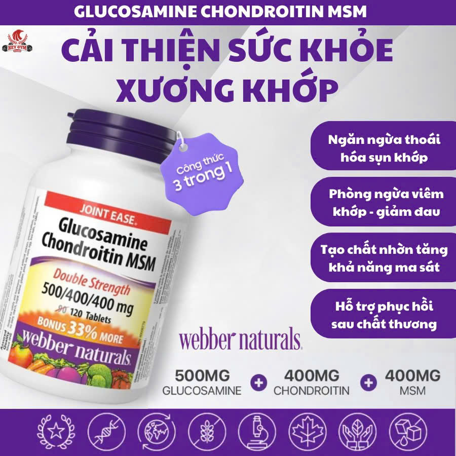 Webber Naturals Viên Uống Giảm Đau Duy Trì Sụn Khớp Glucosamine Chondroitin MSM 500/400/400mg Hộp 120 Viên