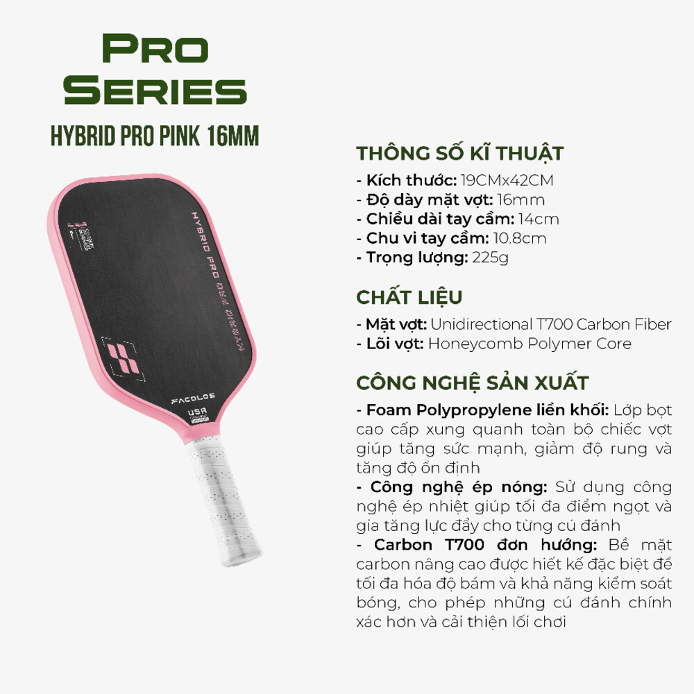Facolos Vợt Pickleball Hybrid S Series 16mm - Pink