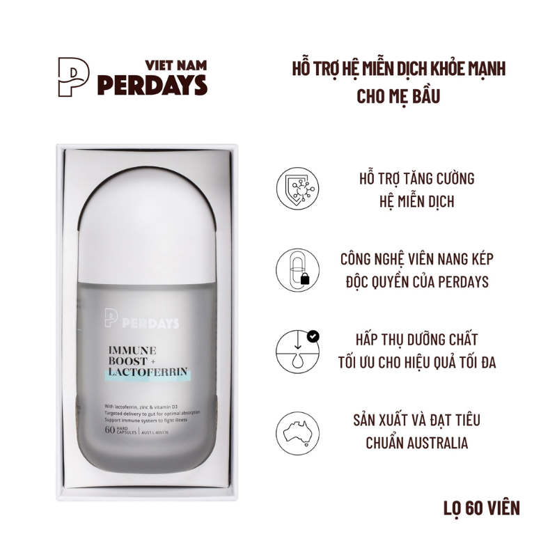 Perdays Viên Uống Immune Boost & Lactoferrin Hỗ Trợ Tăng Đề Kháng, Hệ Miễn Dịch Khỏe Mạnh Cho Mẹ Bầu 60 Viên