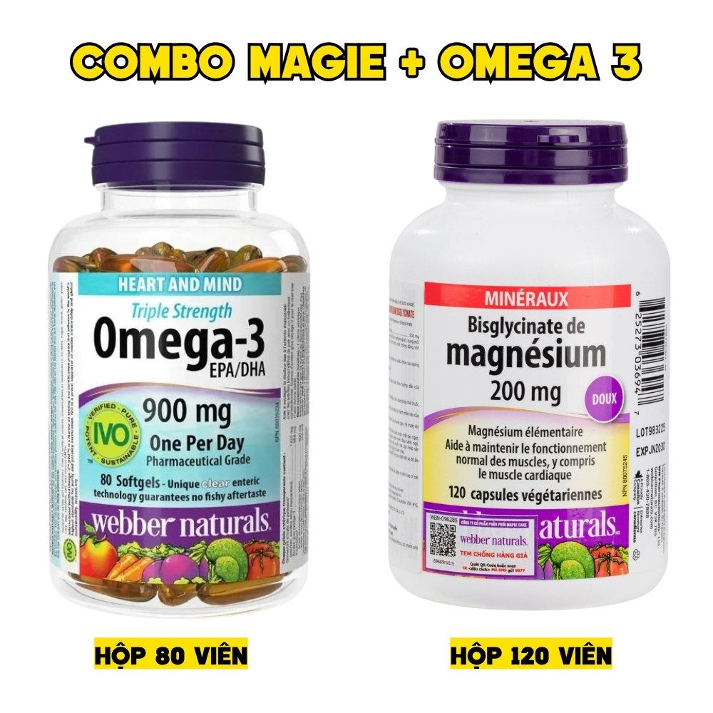 Combo 2 Hộp Webber Naturals Omega 3 900mg EPA/DHA 80 Viên Và Magnesium Bisglycinate 200mg Hỗ Trợ Tim Mạch, Hệ Tiêu Hoá 120 Viên