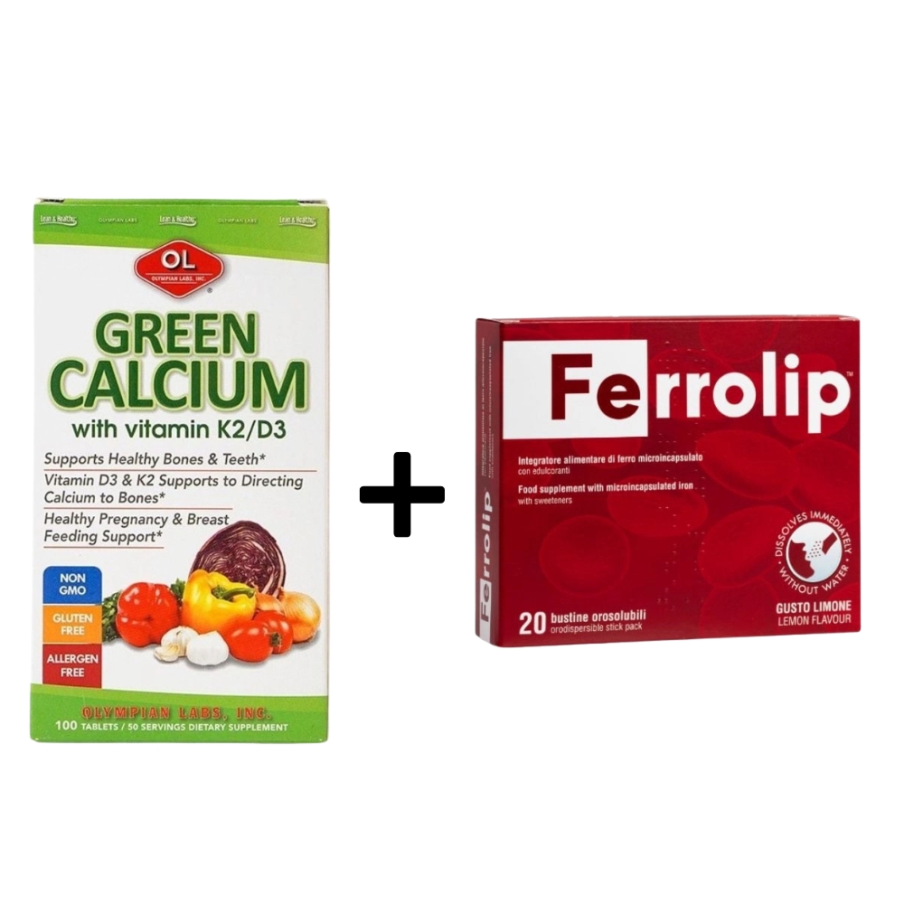 "Combo 1 Hộp OlympianLabs Canxi Hữu Cơ & 1 Hộp Ferrolip Sắt Sinh Học Dạng Bột Tăng Khả Năng Hấp Thu Không Gây Nóng 20 Gói "