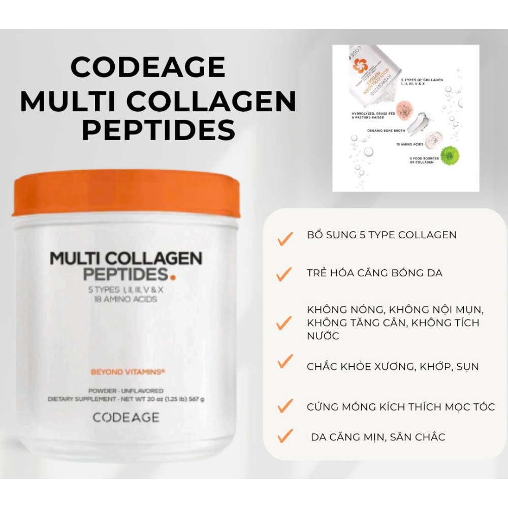Codeage Bột Collagen Hỗ Trợ Chống Lão Hóa Da Hydrolyzed Multi Collagen 567g
