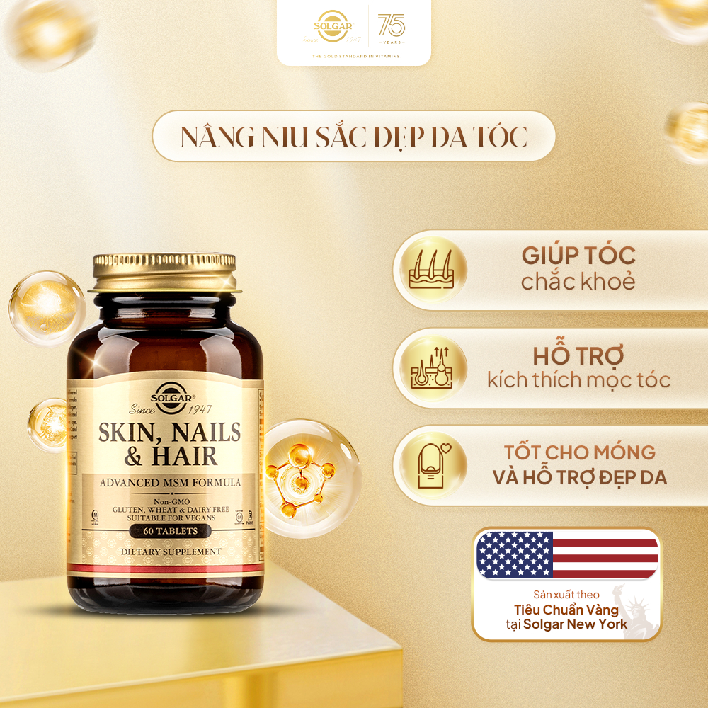 Solgar Viên Uống Skin, Nails & Hair Advanced MSM Formula Hỗ Trợ Dưỡng Tóc, Móng, Da 60 Viên