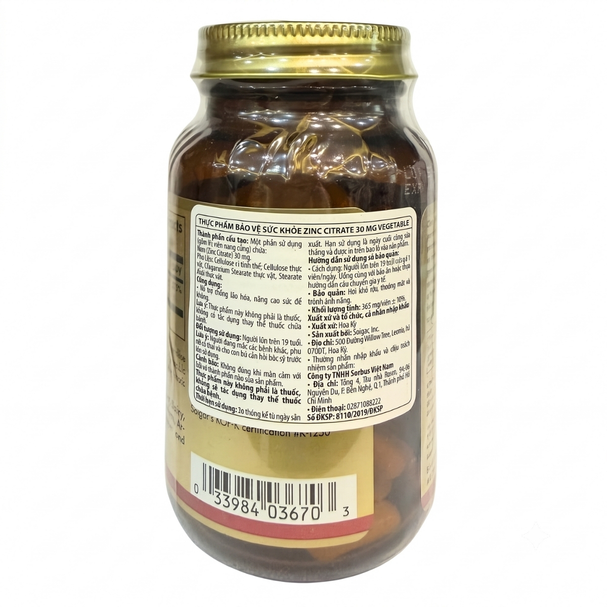 Solgar Viên Uống Bổ Sung Kẽm (Zinc Citrate) 30 MG  100 Viên - Chính Ngạch Mỹ