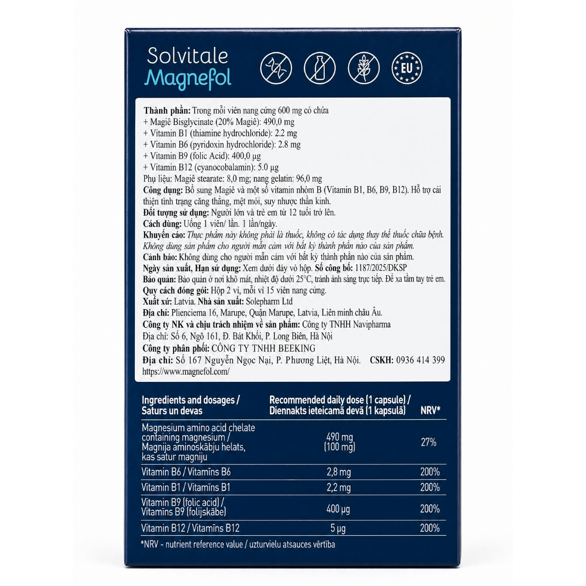 Solvitale Magnefol Viên Uống Magnesium Bisglycinate + Vitamin nhóm B (Hộp 30 Viên) - Chính Ngạch, Không Pha Trộn Magie OxyD