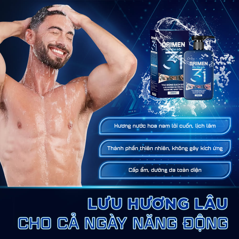 Orimen Sữa Tắm Gội 3 in 1 Cho Nam Hương Quyến Rũ Mạnh Mẽ 220ml