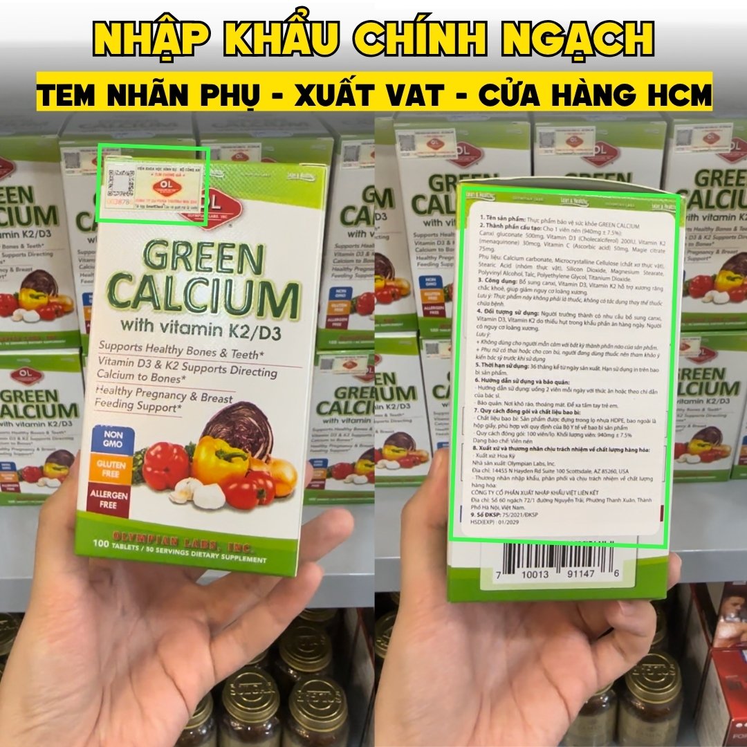 Olympian Labs Viên Uống Bổ Sung Canxi Hữu Cơ Green Calcium 100 viên - Nhập Khẩu Chính Ngạch Mỹ