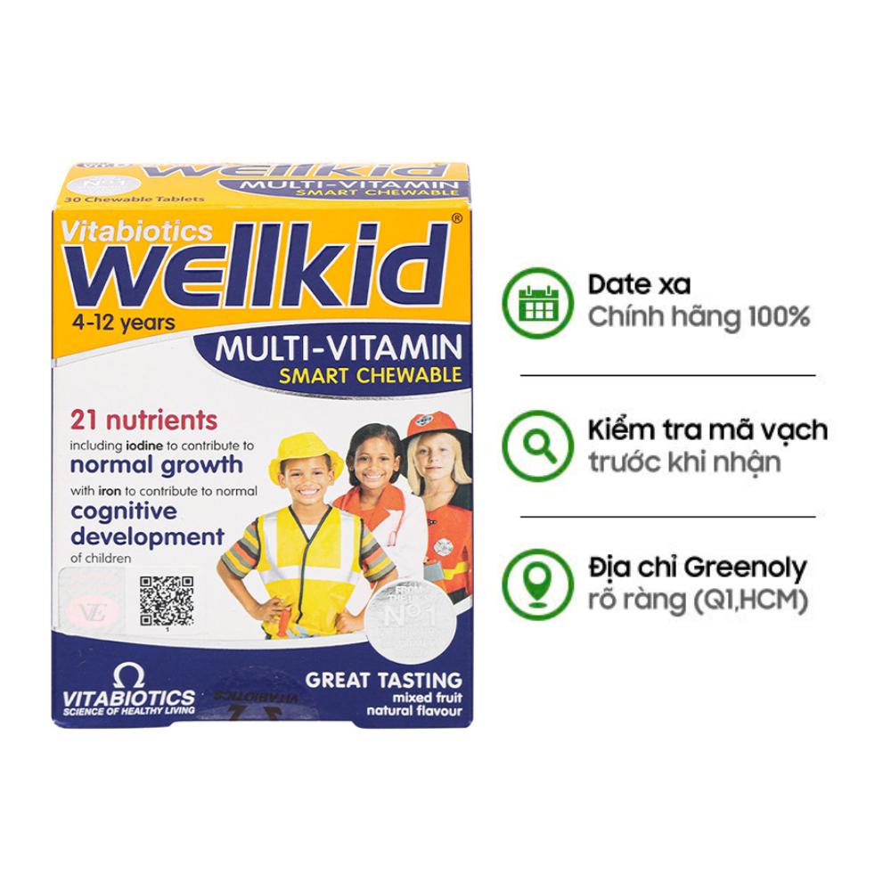 Vitabiotics Viên Nhai Vị Trái Cây Tăng Cường Sức Khỏe, Đề Kháng Cho Trẻ Wellkid Multi-Vitamin Hộp 30 viên