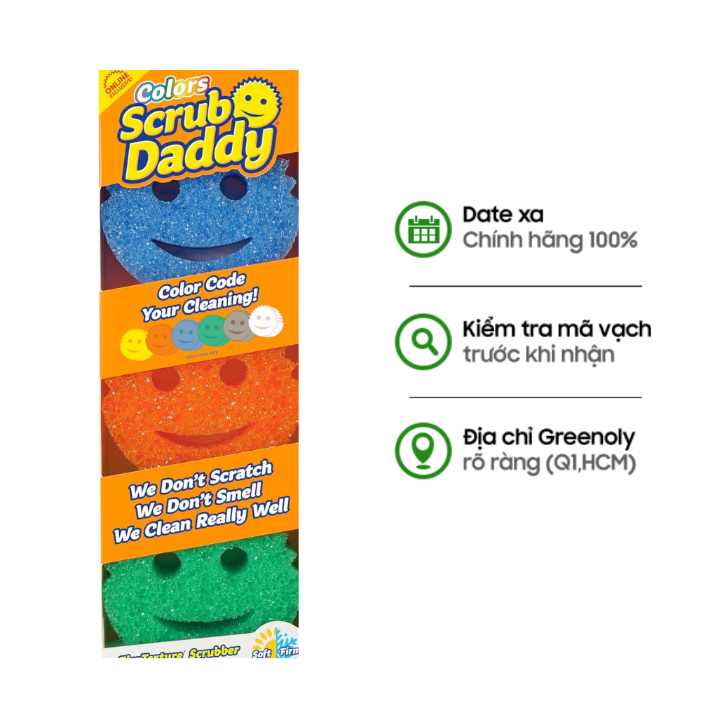 Scrub Daddy Colors Bộ 3 Màu Bọt Biển Mặt Cười Lau Chùi Đa Năng Màu Cam, Xanh Lá, Xanh Dương 3 Miếng