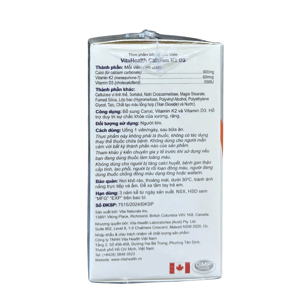 VitaHealth Viên Uống Calcium K2 D3 Hỗ Trợ Duy Trì Xương Răng Chắc Khỏe 30 Viên - Chính Hãng Canada