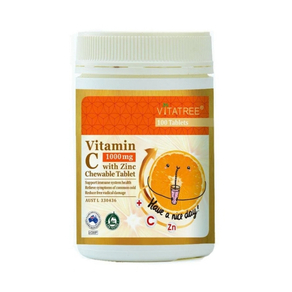 Vitatree Viên Nhai Vitamin C 1000mg với Zinc Hỗ Trợ Tăng Cường Đề Kháng Cho Trẻ Từ 3 Tuổi Hộp 30 Viên