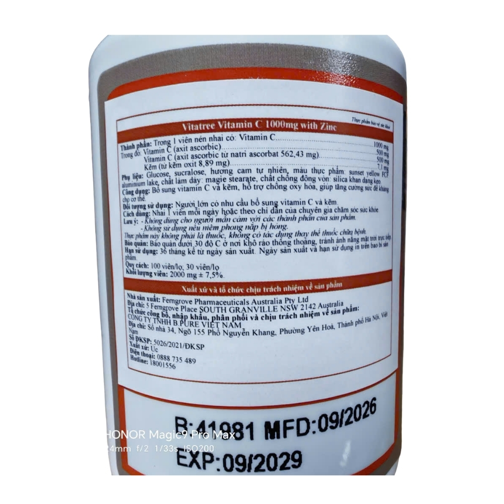 Vitatree Viên Nhai Vitamin C 1000mg với Zinc Hỗ Trợ Tăng Cường Đề Kháng Cho Trẻ Từ 3 Tuổi Hộp 30 Viên