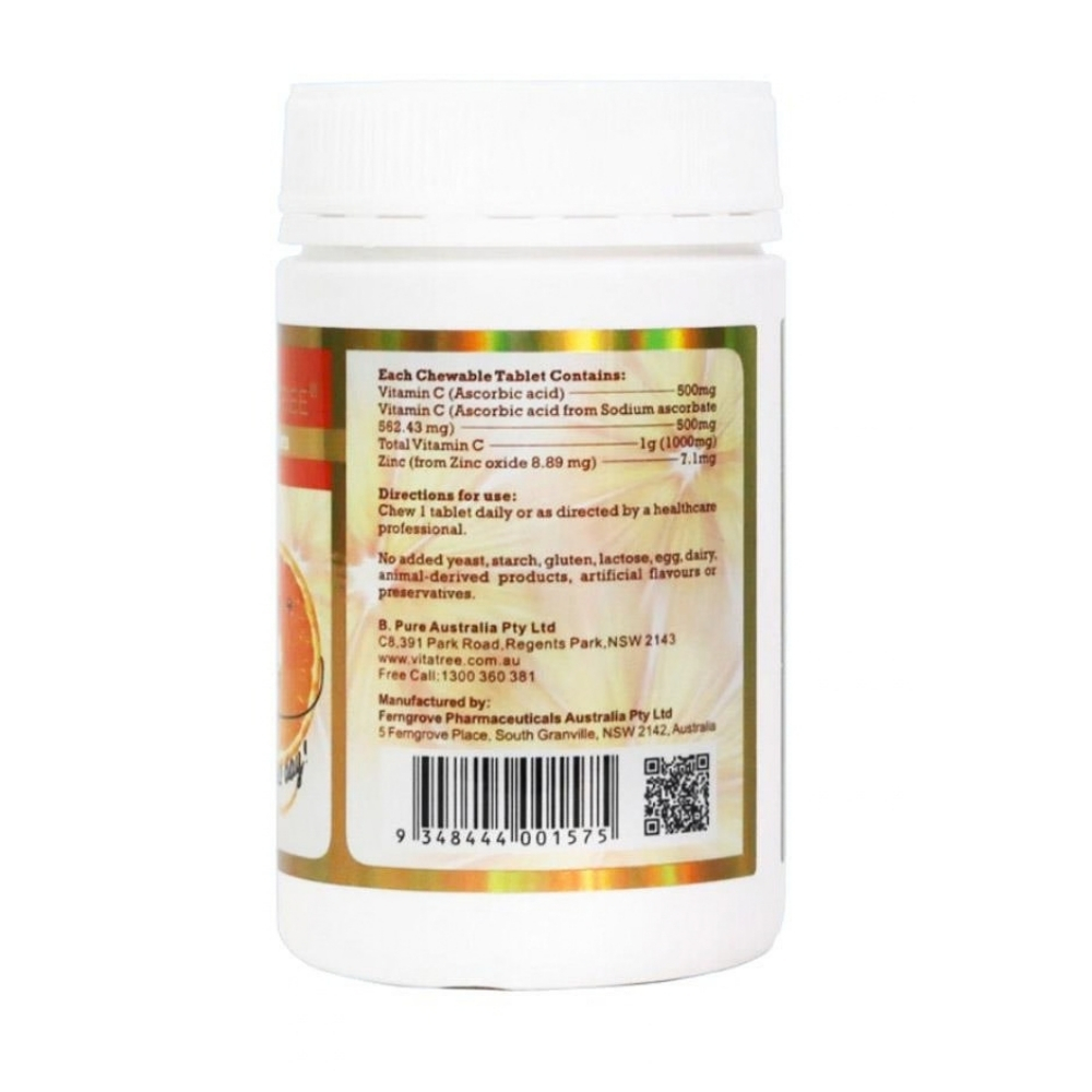 Vitatree Viên Nhai Vitamin C 1000mg với Zinc Hỗ Trợ Tăng Cường Đề Kháng Cho Trẻ Từ 3 Tuổi Hộp 30 Viên