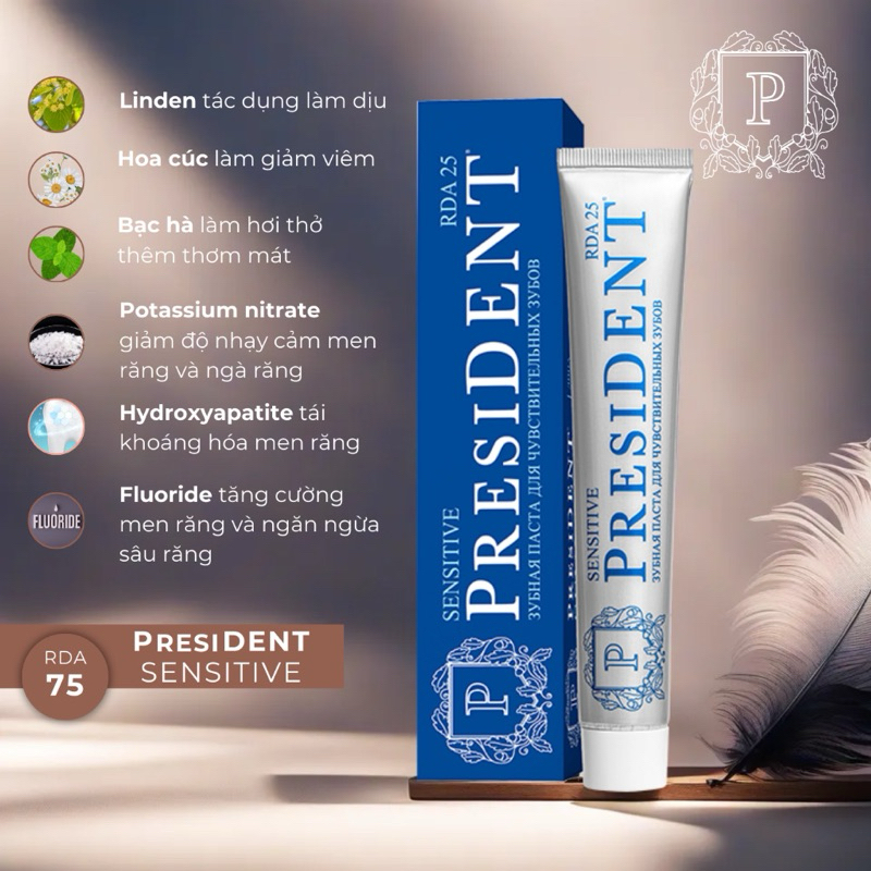 President Kem Đánh Răng Xanh Biển Sensitive 25 RDA Chống Viêm Nhiễm Dành Cho Răng Nhạy Cảm, Tái Tạo Khoáng Hóa Và Men Răng 75g