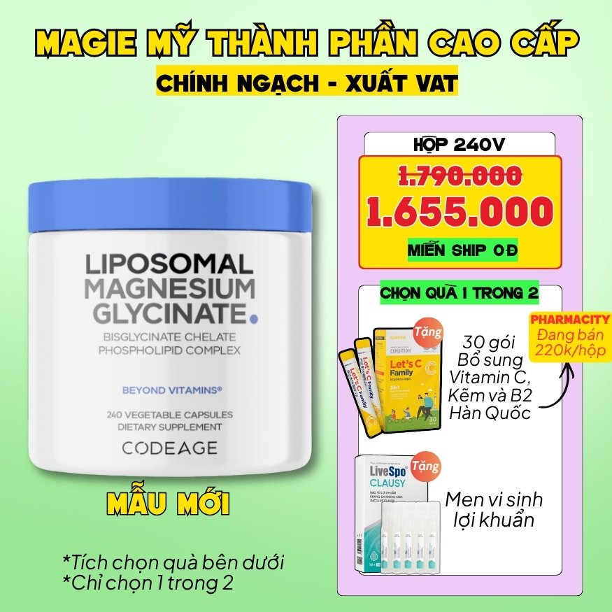 Codeage Viên Uống Liposomal Magnesium Magie Glycinate Hữu Cơ 240 Viên - Chính Ngạch Mỹ, Xuất VAT