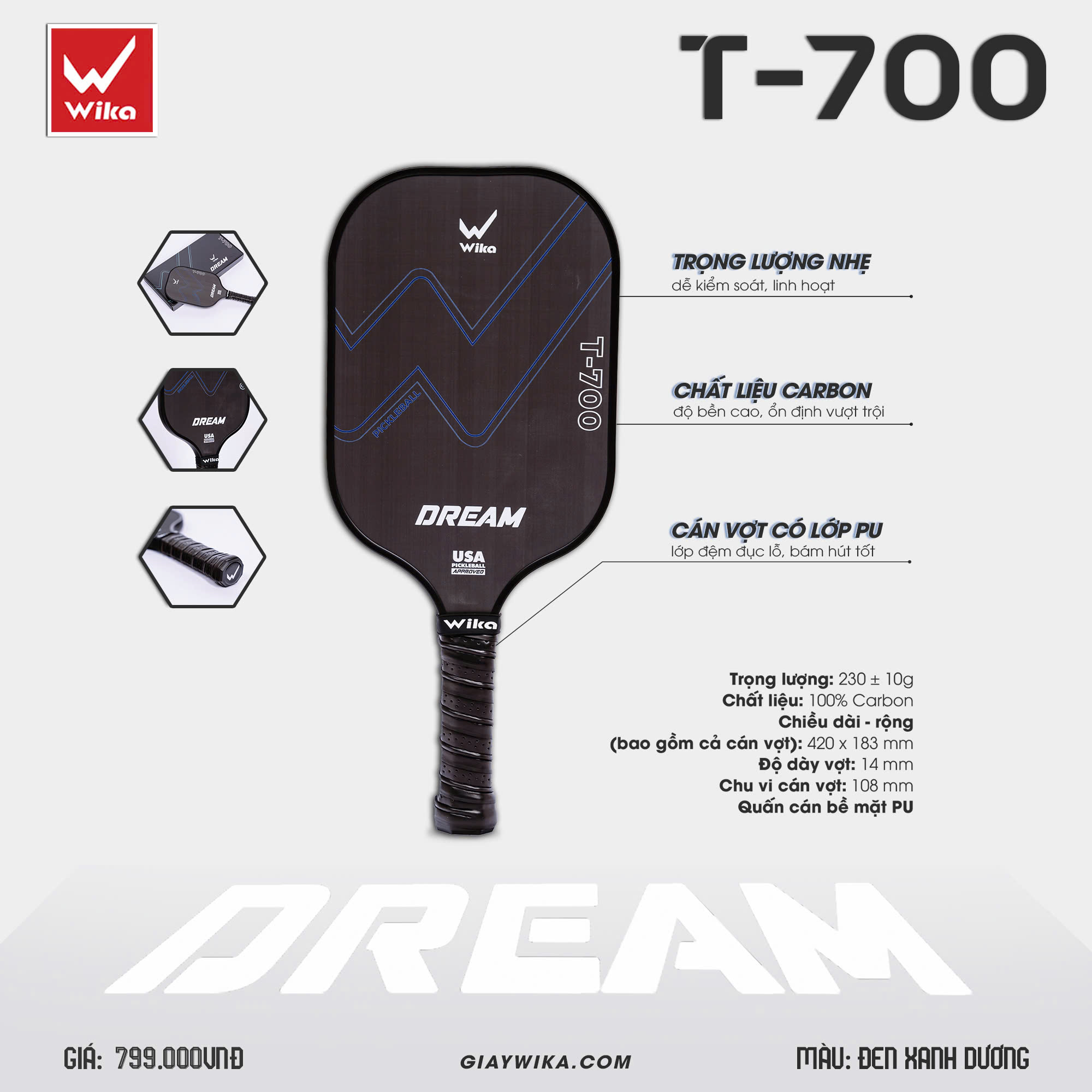 Wika Vợt Pickleball Wika Dream 14mm Màu Đen Xanh Dương Có Kèm Hộp
