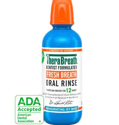 TheraBreath Nước Súc Miệng Icy Mint Hương Bạc Hà Sảng Khoái Không Cồn, Không Cay Rát Ngăn Ngừa Sâu Răng, Giảm Vôi Răng Cao Răng Chai 473ml