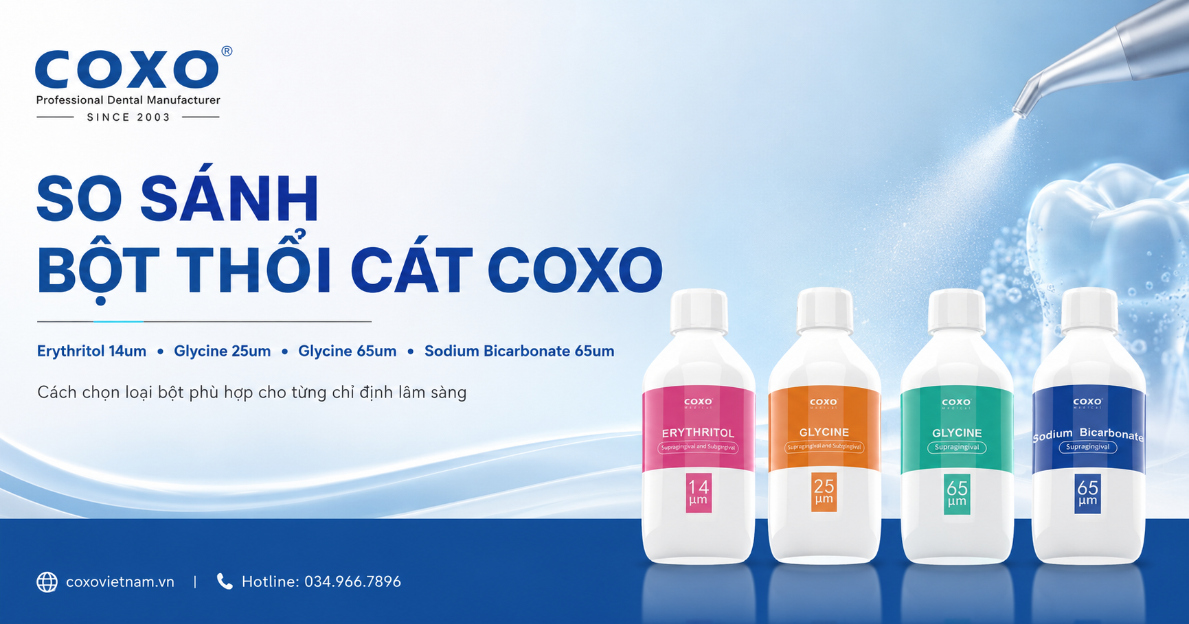 So sánh bột thổi cát COXO: Erythritol 14um, Glycine 25um, Glycine 65um và Sodium Bicarbonate 65um