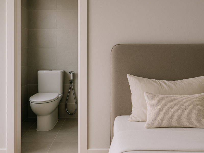 Đầu giường kê sát tường nhà vệ sinh