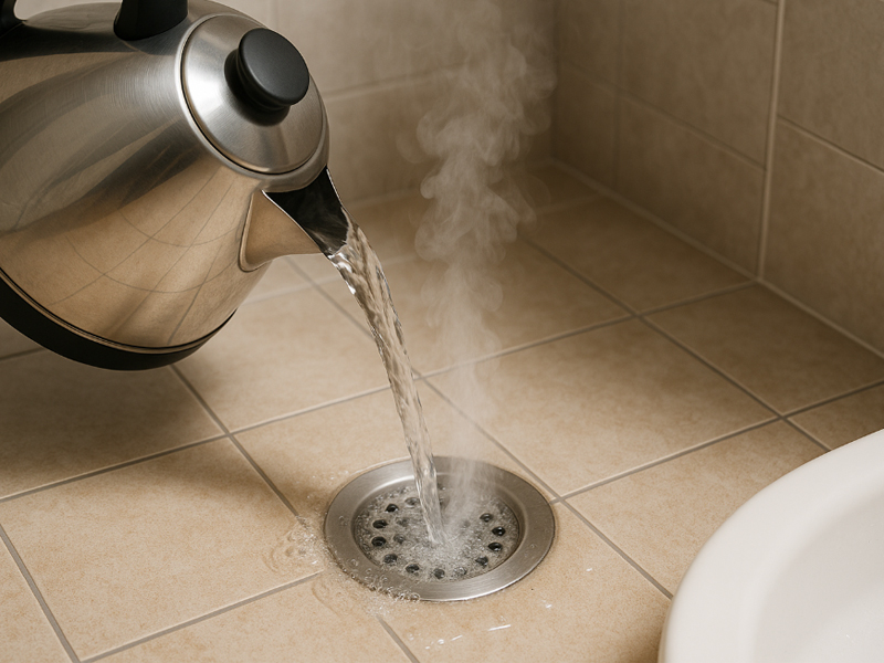 Dội nước nóng 2–3 lần/tuần vào cống để “cắt nguồn sống” của tụi trứng ruồi