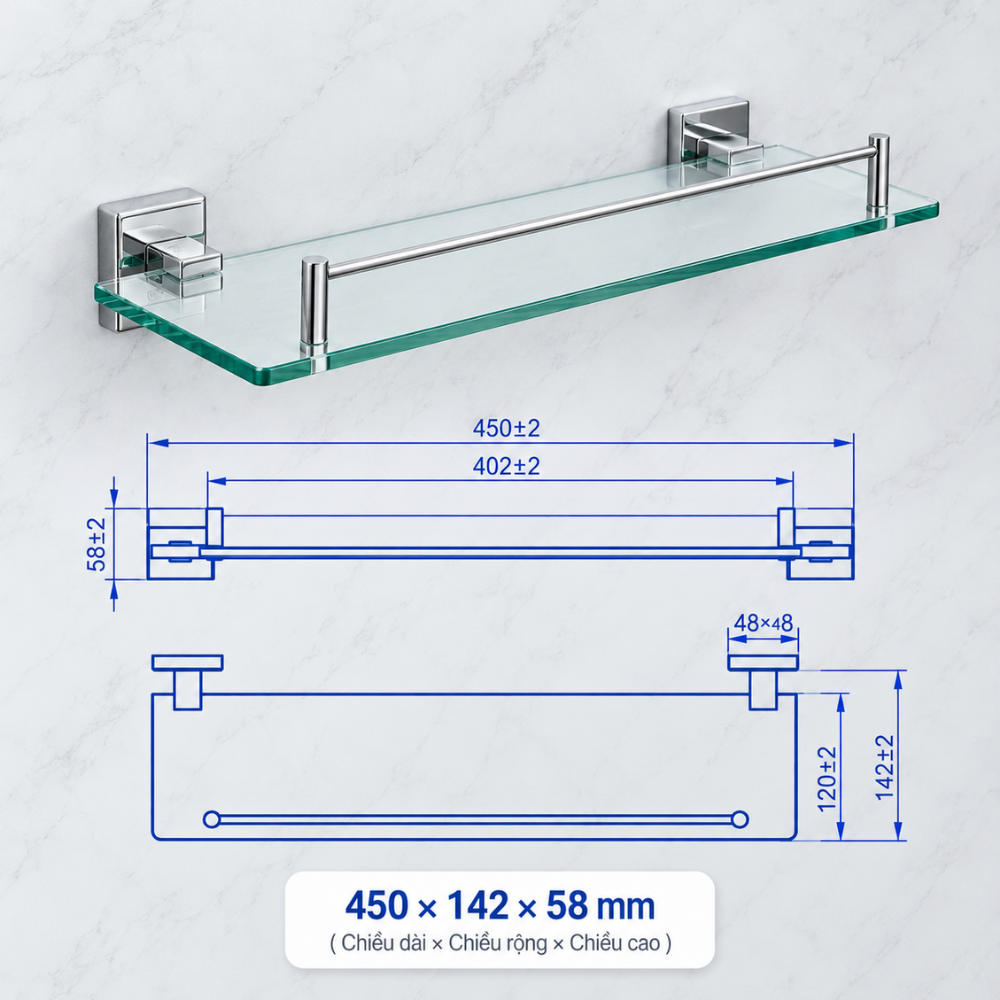 Kệ dưới gương Ecobath EC262-05 màu inox bóng