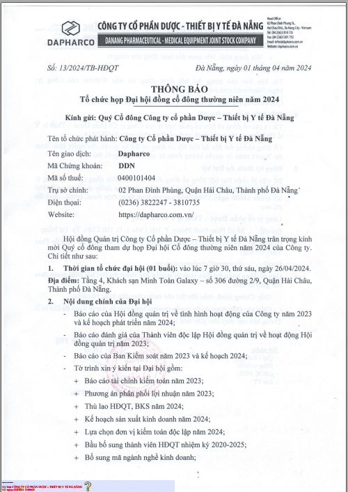 Dapharco thông báo mời họp tổ chức Đại hội đồng cổ đông thường niên năm 2024 và Tài liệu họp.