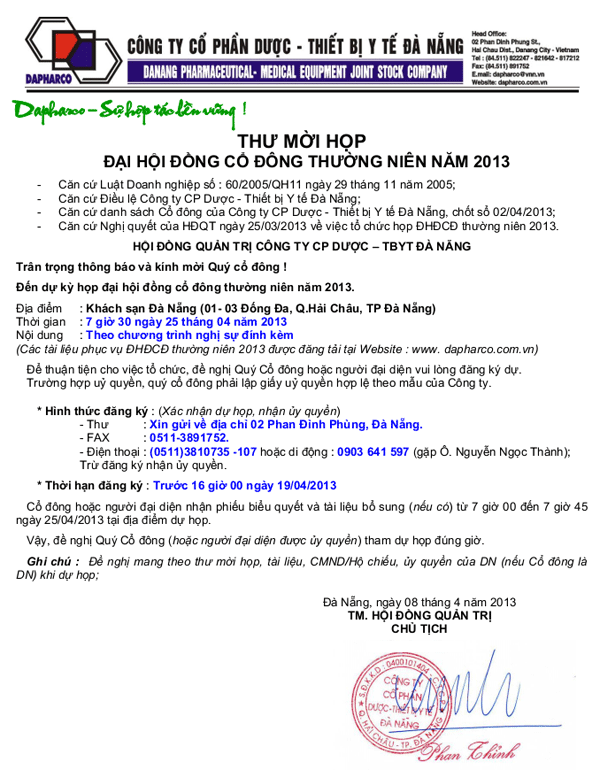 Thư mời Đại hội đồng cổ đông thường niên năm 2013