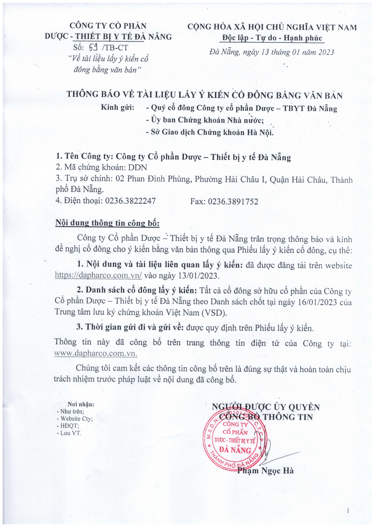 Công ty CP Dược – TBYT Đà Nẵng công bố tài liệu lấy ý kiến cổ đông bằng văn bản