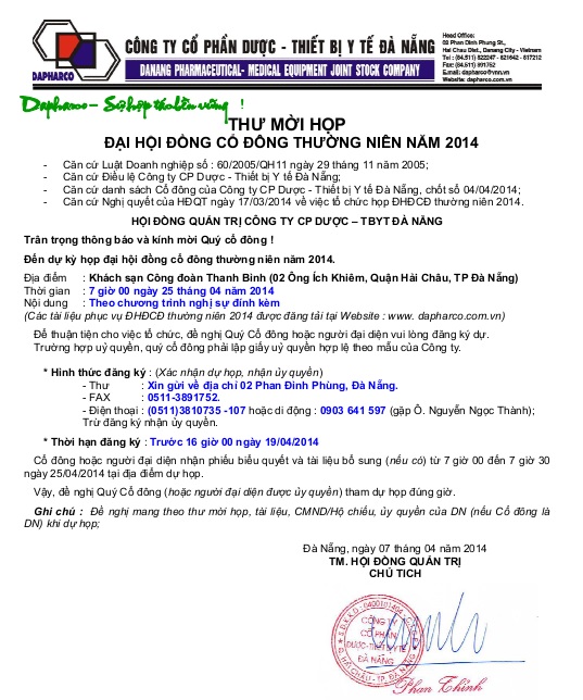 Thư mời đại hội đồng cổ đông thường niên năm 2014