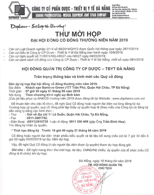 Thư mời và tài liệu đại hội đồng cổ đông thường niên năm 2019