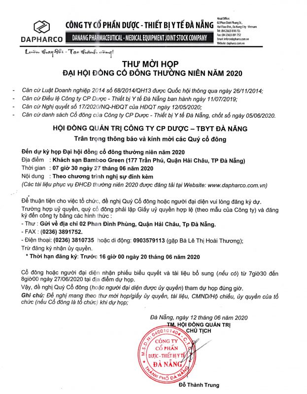 Thư mời và tài liệu họp đại hội đồng cổ đông thường niên 2020 (Cập nhật)