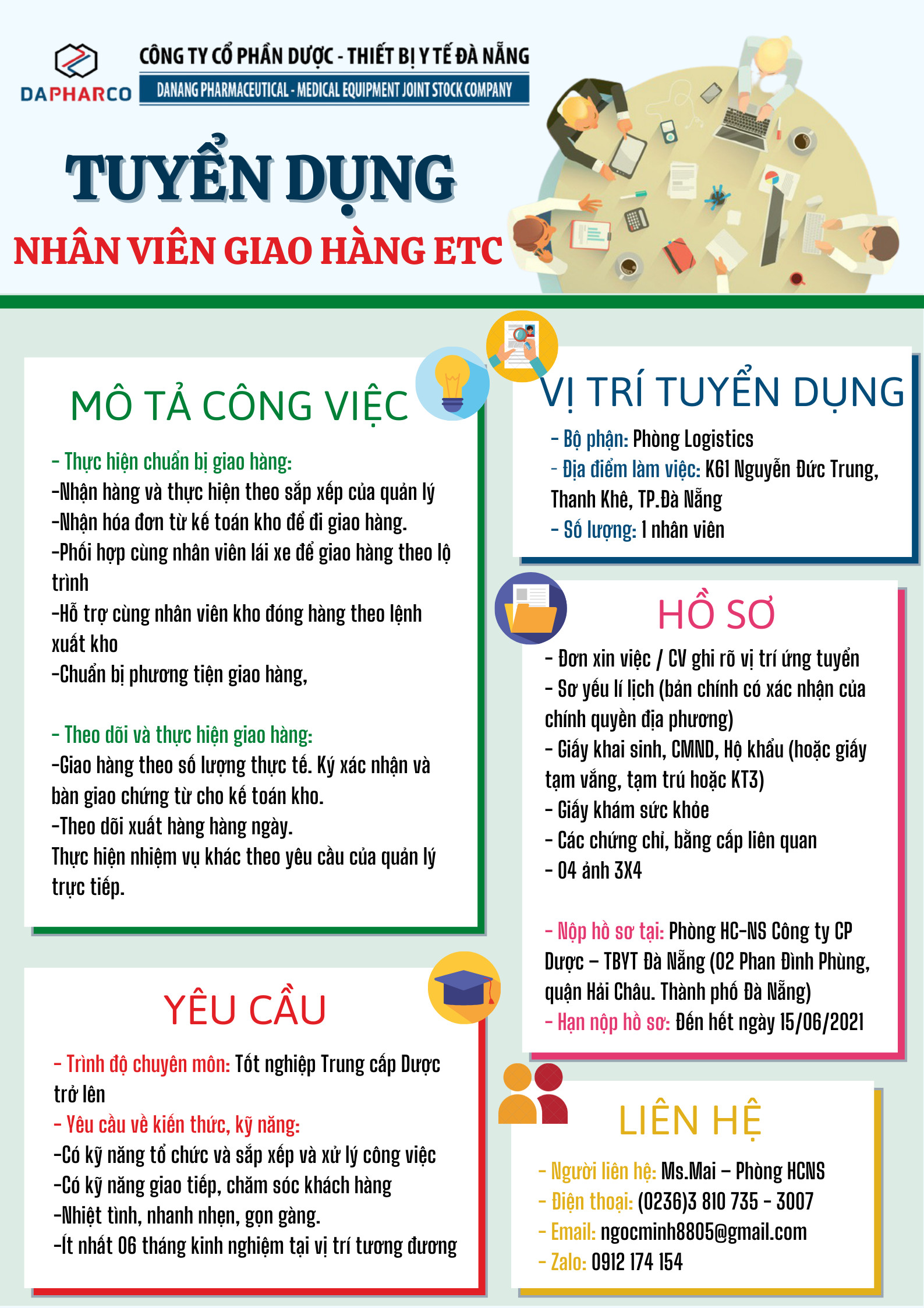 Công ty Cổ phần Dược – Thiết bị Y tế Đà Nẵng (Dapharco) thông báo tuyển dụng Vị trí Nhân viên Giao hàng ETC