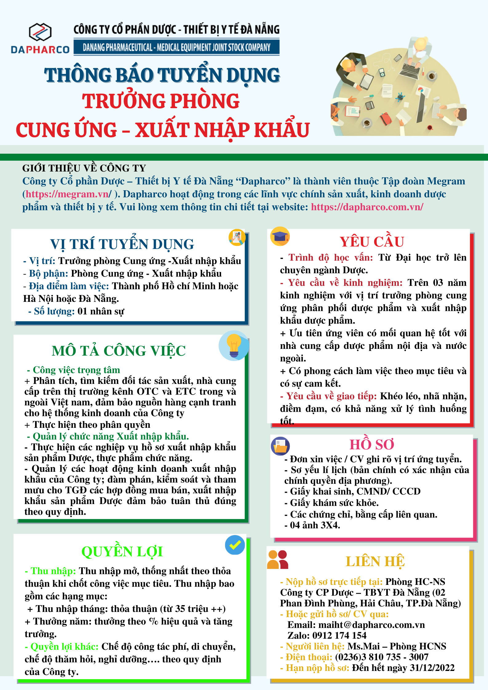 Công ty Cổ phần Dược – Thiết Bị Y Tế Đà Nẵng Thông báo tuyển dụng vị trí Trưởng Phòng Cung Ứng – Xuất Nhập Khẩu