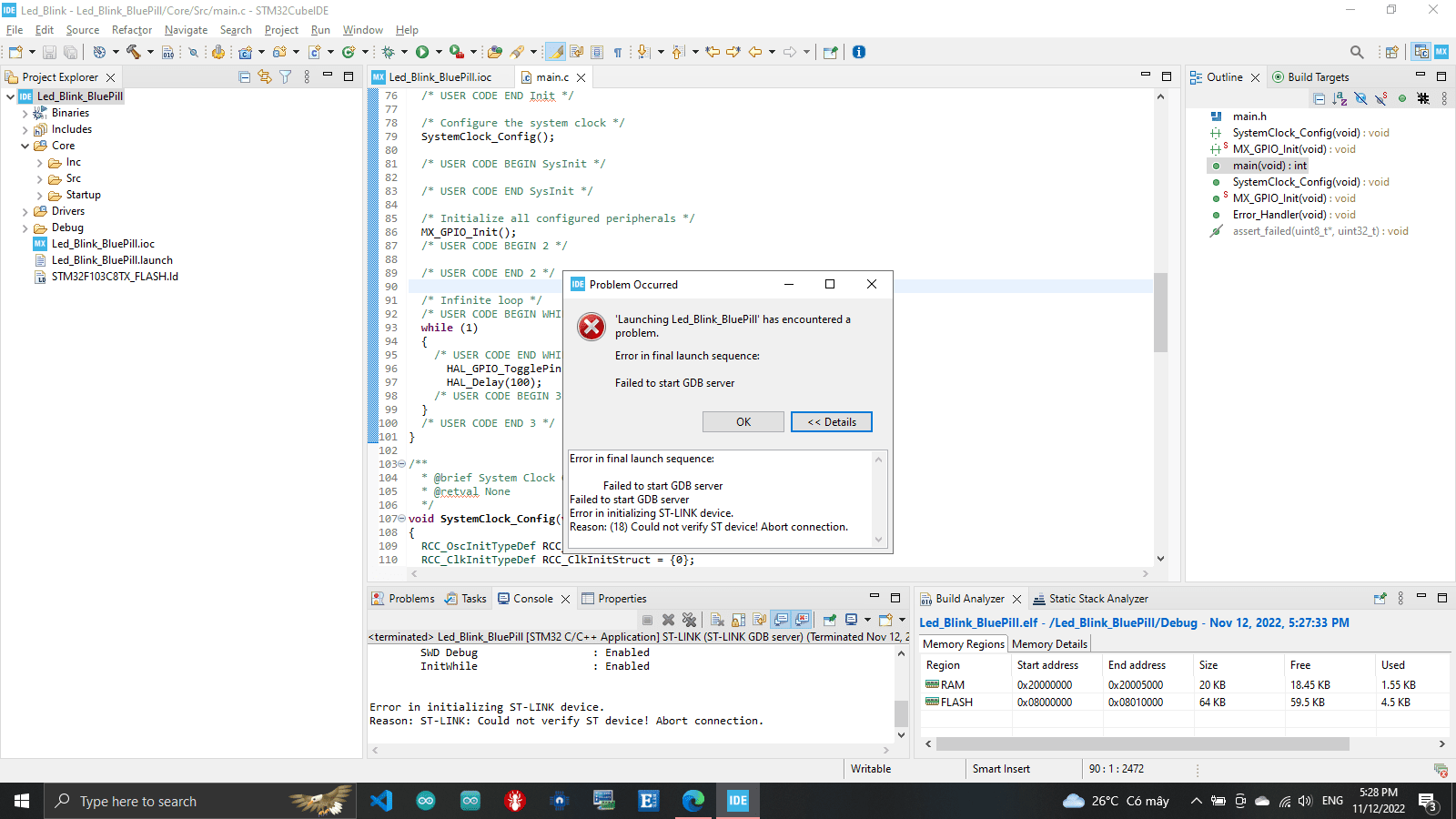 Khắc phục lỗi nạp code STM32Cube “Reason: (18) Could not verify ST device” trên kit STM32 Blue Pill STM32F103C8T6