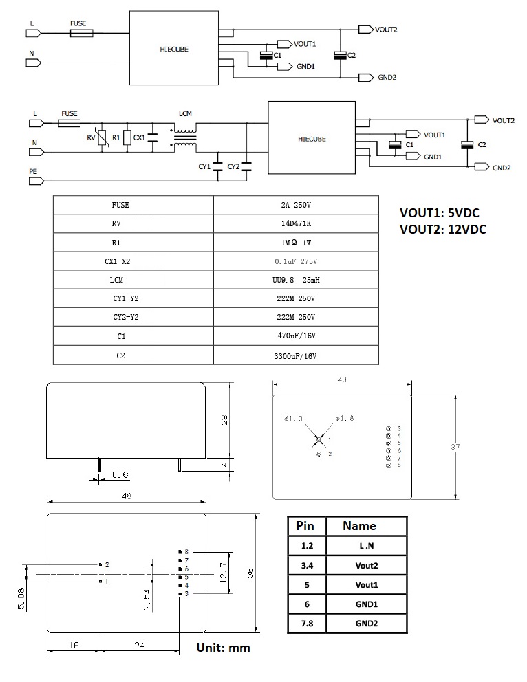 Nguồn xung AC-DC HIECUBE HD0512P36SR 12VDC & 5VDC 36W