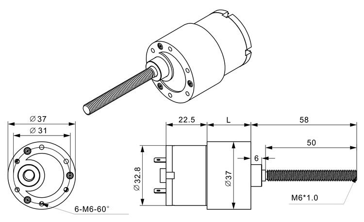 Động Cơ DC giảm tốc trục vít JGB37-520 M6 Screw Geared Motor kèm đai ốc