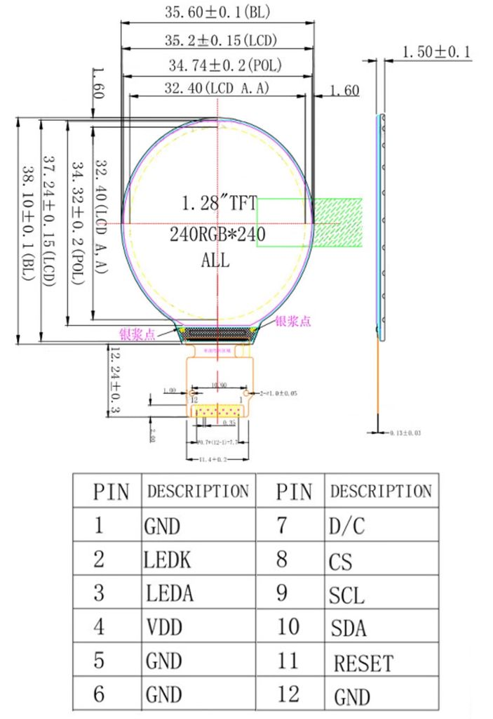 Panel màn hình LCD TFT IPS 1.28 Inch Round GC9A01 SPI Interface