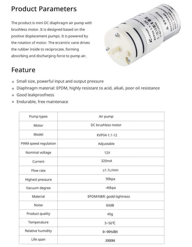Động cơ bơm Kamoer KVP04-1.1-12V Mini Diaphragm Pump Brushless Motor
