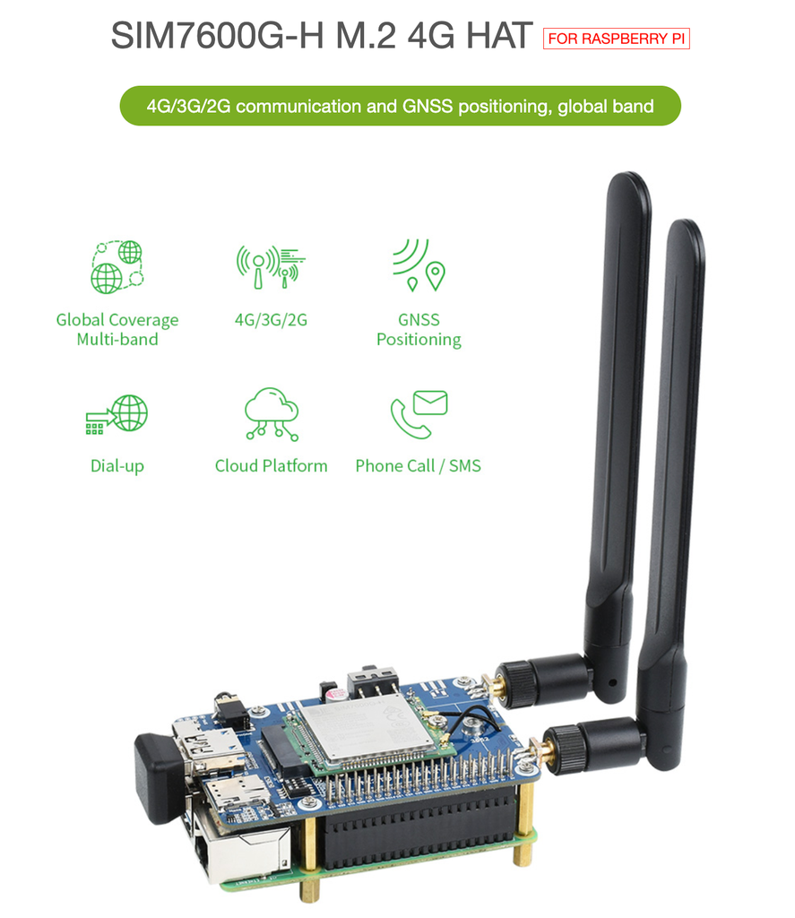 Mạch Waveshare SIM7600G-H M.2 4G HAT for Raspberry Pi, LTE CAT4 High Speed, 4G/3G/2G, GNSS, Global Band