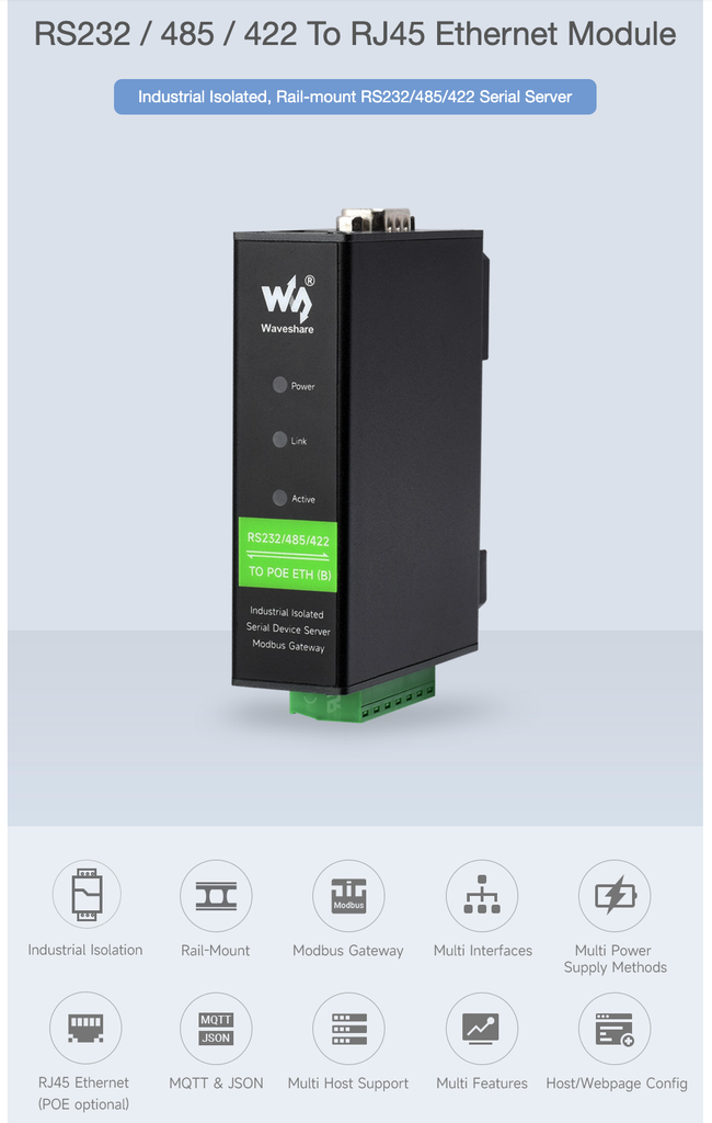 Bộ chuyển Waveshare Rail-Mount Serial Server, RS232/485/422 TO POE ETH (B) Module, TCP/IP to serial