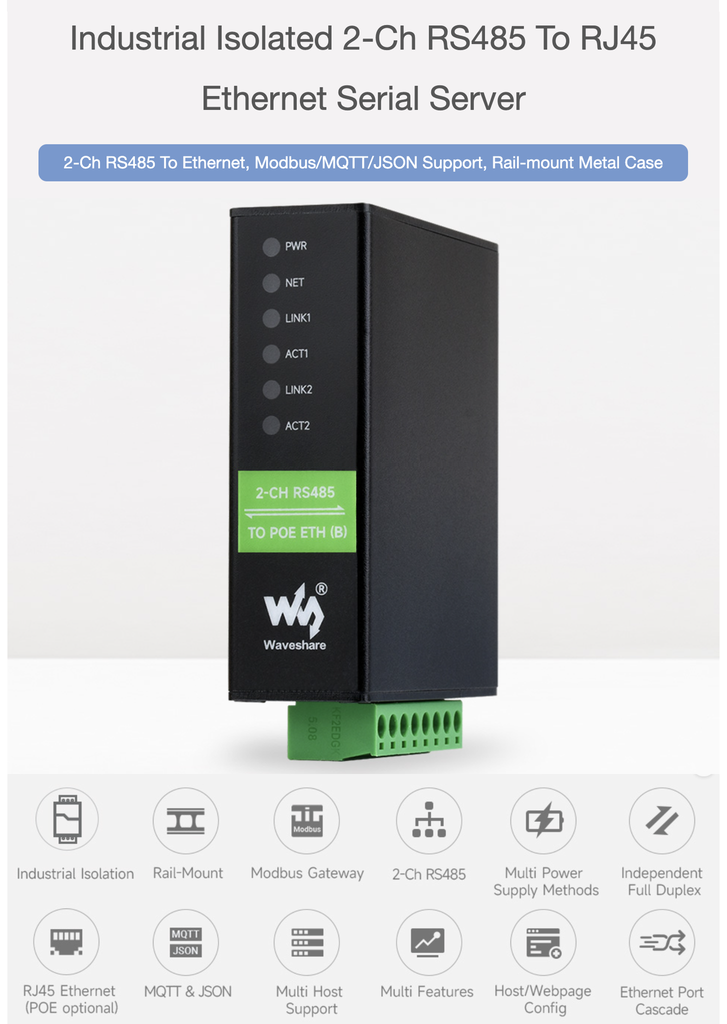 Bộ chuyển Waveshare 2-Ch RS485 To PoE Ethernet (B), TCP/IP to Serial