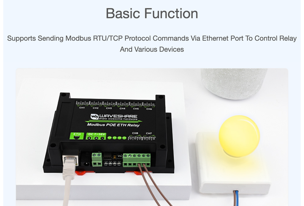 Bộ điều khiển Waveshare 8-Ch Modbus PoE Ethernet Relay, Multi Protection