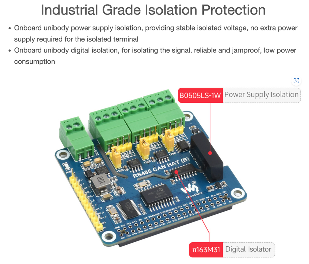 Mạch Waveshare Isolated RS485 CAN HAT (B) For Raspberry Pi, 2-Ch RS485 and 1-Ch CAN, Multi Protections