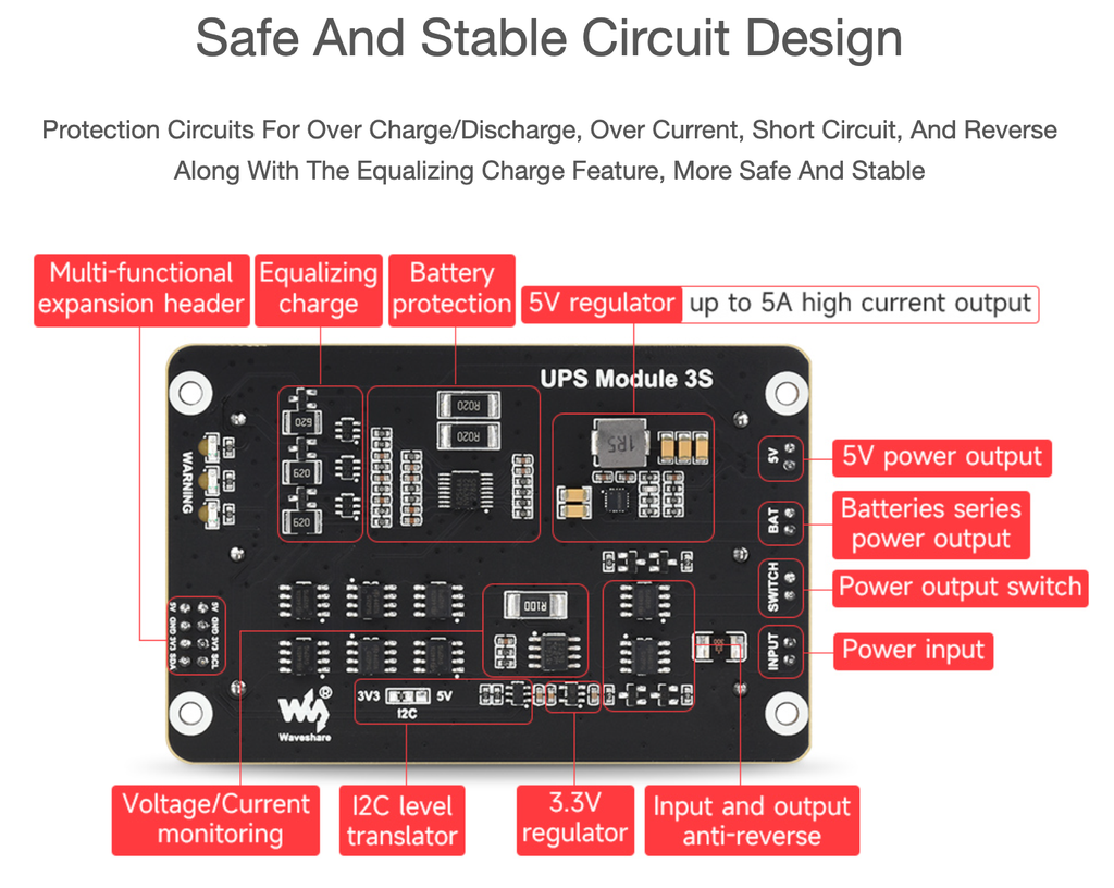 Mạch Waveshare UPS Module, Supports charging And Power output at the same time, 3S & 5V 5A Output