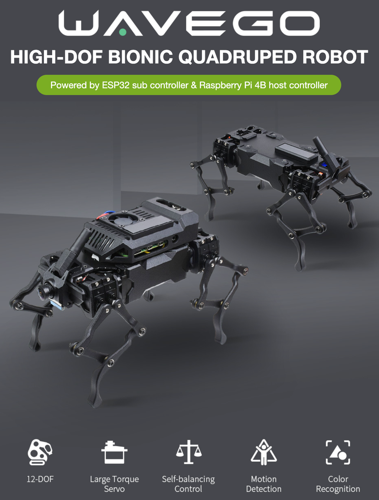 WAVEGO, 12-DOF Bionic Dog-Like Robot Powered by Raspberry Pi 4