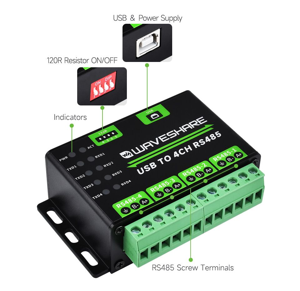 Bộ chuyển Waveshare Industrial USB TO 4Ch RS485 Converter, Multi Protection Circuits