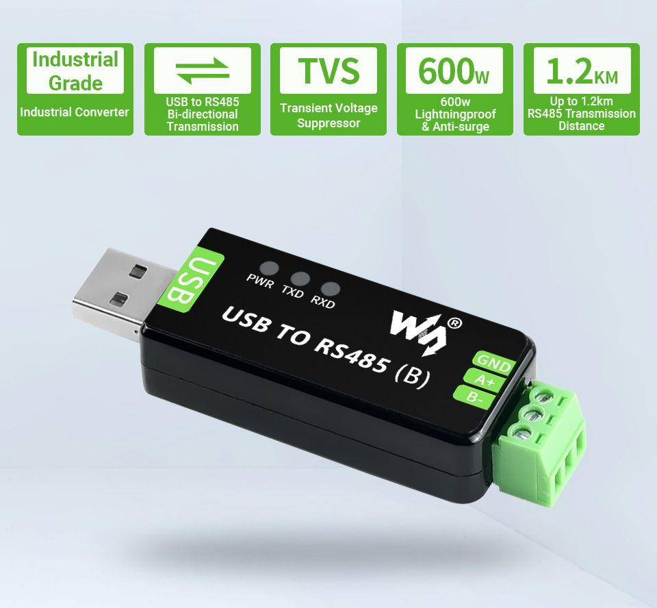 Bộ chuyển Waveshare Industrial USB TO RS485 Bidirectional Converter, Onboard original CH343G, Multi-Protection Circuits